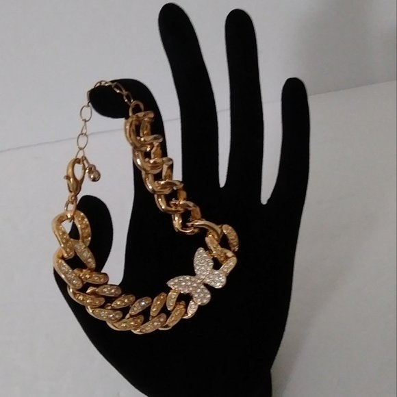 Butterfly Rose Gold Tone Rhinestone Bracelet - Picture 4 of 12